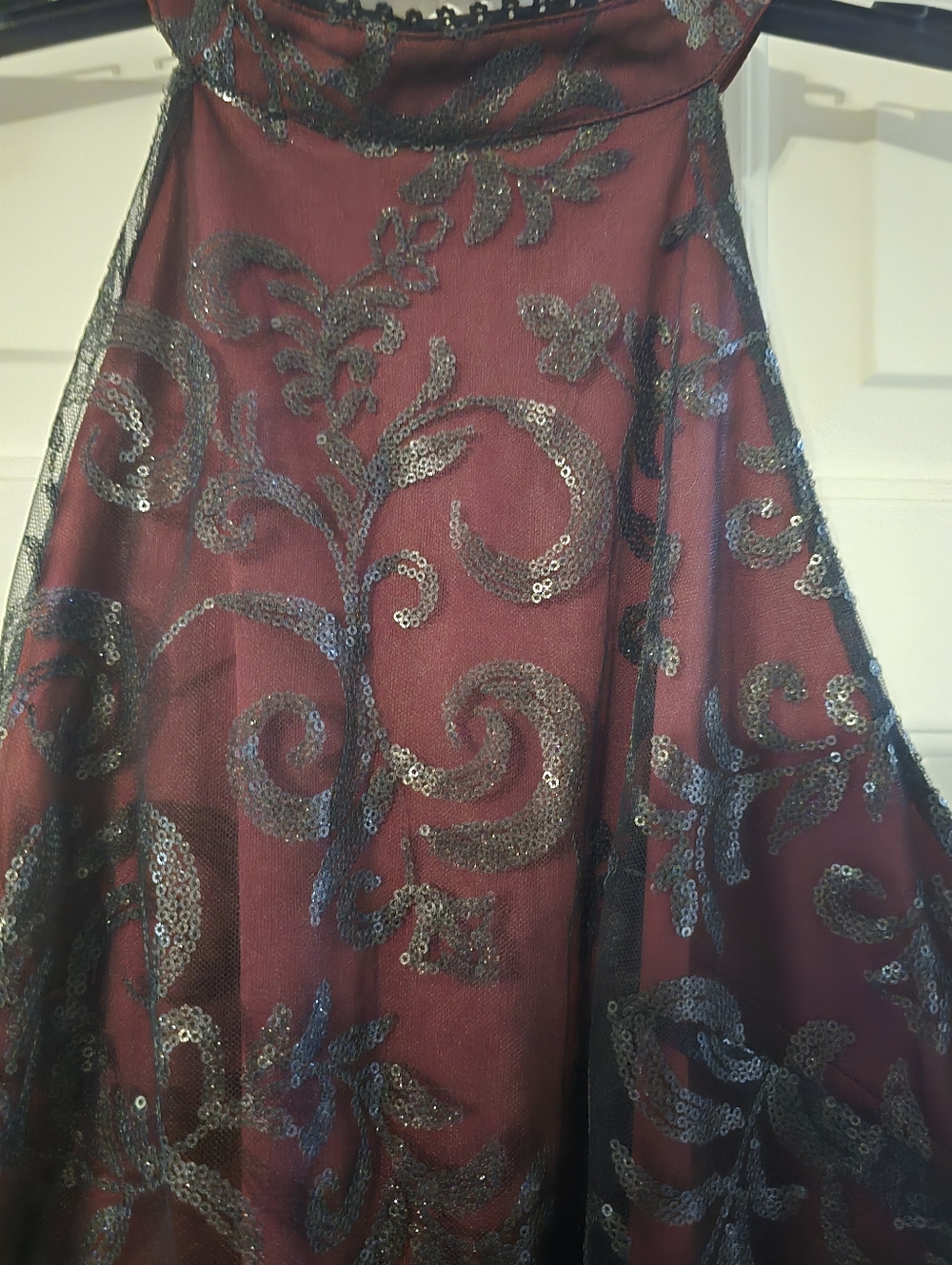 Altar'd State Embellished Halter Party Dress in Deep Burgundy and Black Lace - Picture 2 of 9